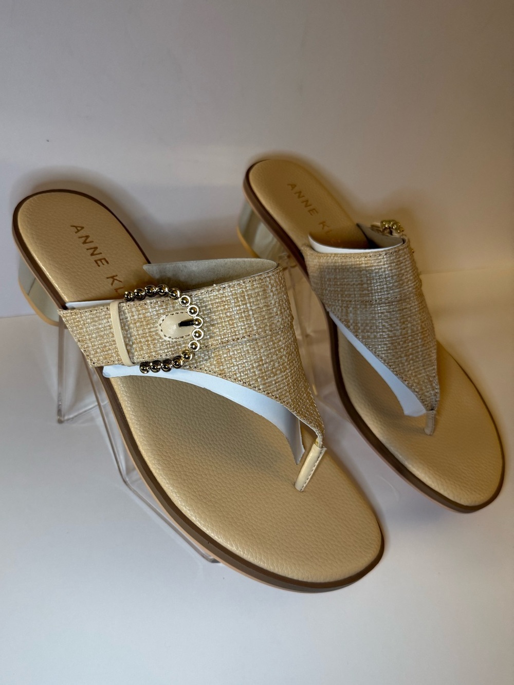 Anne Klein Neutral Woven Thong Sandals with Embellished Buckle